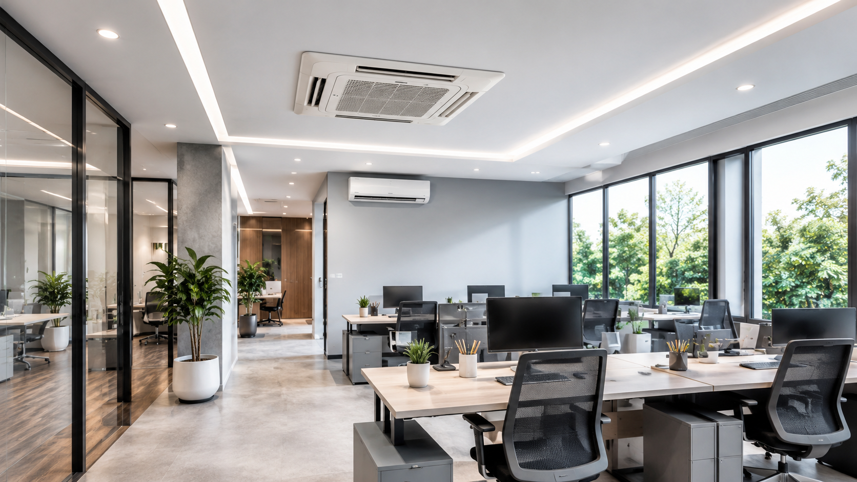 Climatización en oficina moderna y luminosa