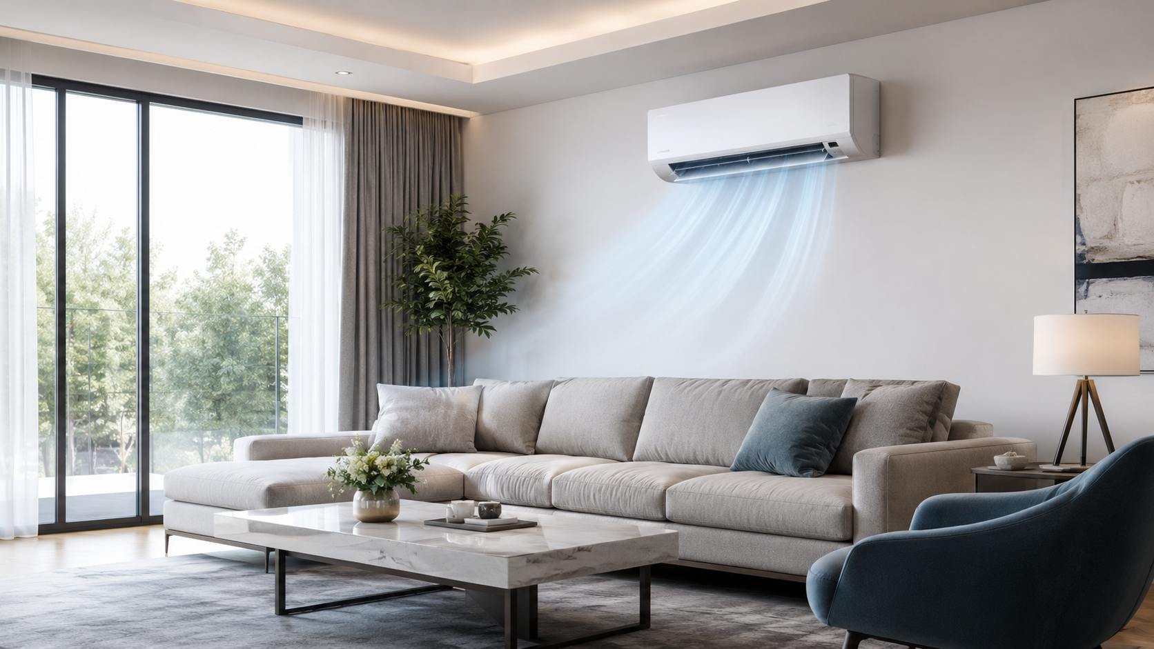 Sala de estar minimalista con aire acondicionado