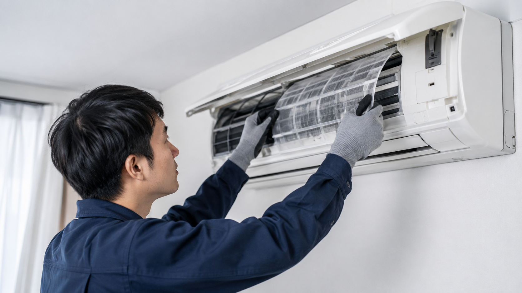 Técnico ajustando el aire acondicionado