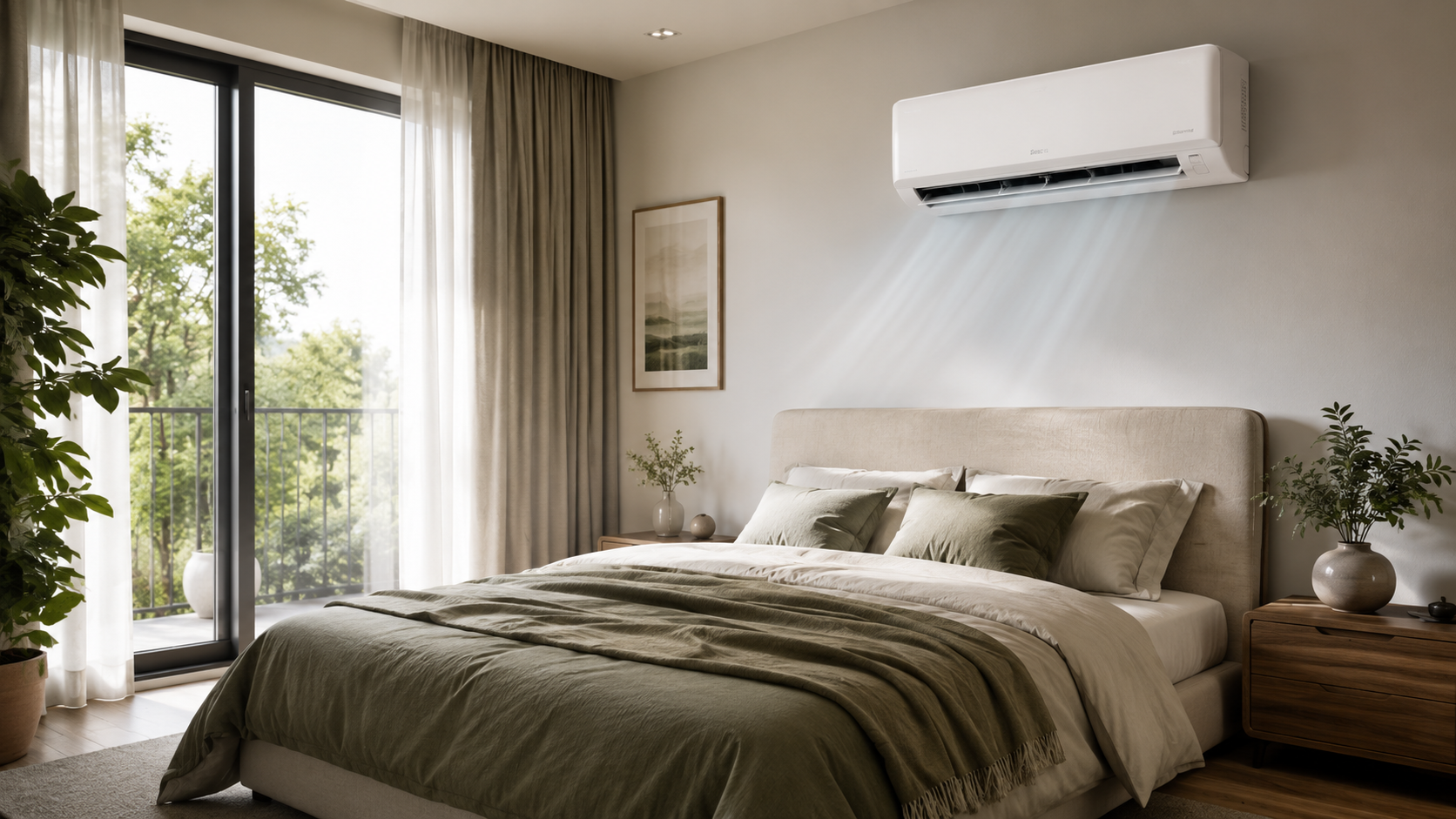 Dormitorio moderno y acogedor con climatización