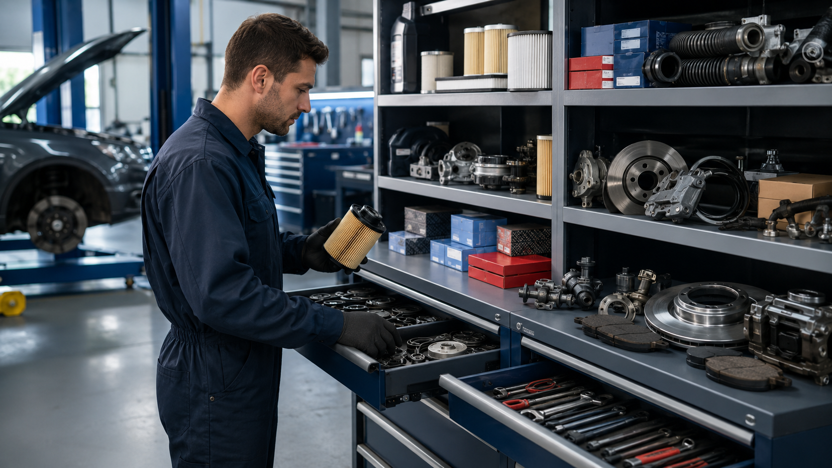 Técnico consultando piezas en almacén de automoción
